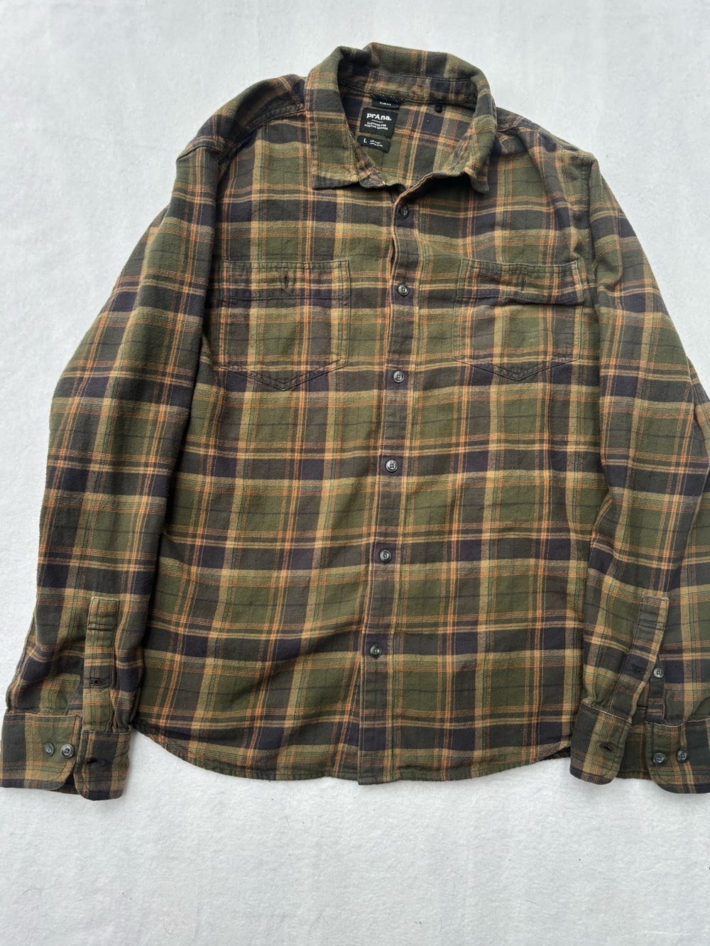 Prana Slim Fit Plaid Shirt in Olive Green & Brown